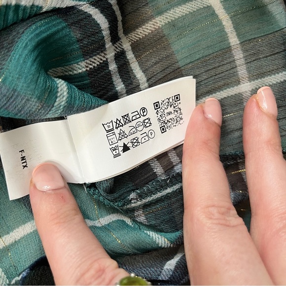 New Zara Sheer Metallic Threaded Green Plaid Cropped Blouse - Size L - Picture 14 of 15